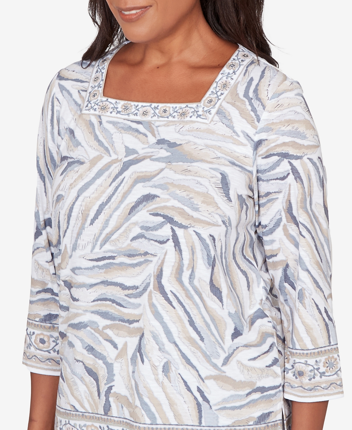 Alfred Dunner Women's Comfort & Joy Square Neck Animal Print Border Top