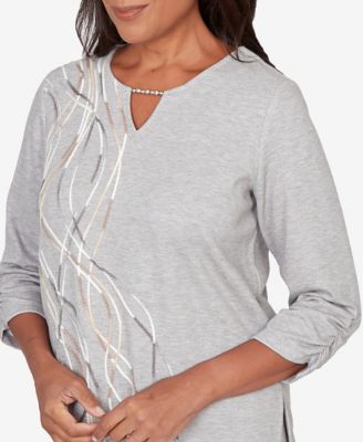 Petite Comfort & Joy Metallic Swirl Embroidered Split Neck Top