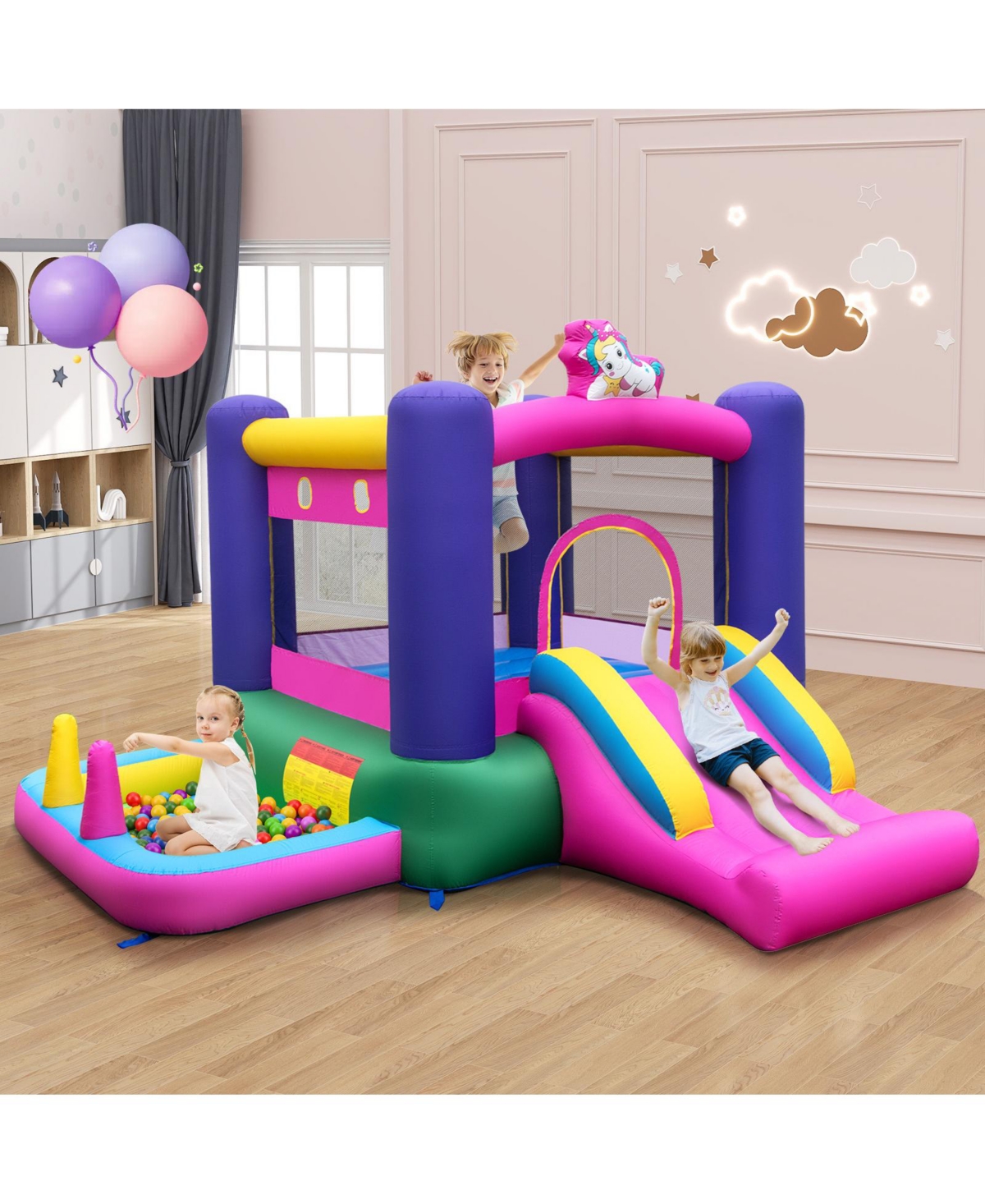 Skonyon 6-in-1 Bouncy Castle Inflatable Bounce House with Slide and Ball Pit with 480W Blower