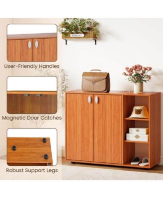 3-Tier Wooden Shoe Storage Organizer with Doors & 3-Level Adjustable Open Shelves