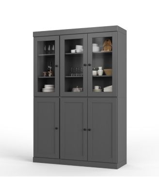 100% Solid Wood 48.5" Pantry China Cabinet with Clear Glass, Shaker Doors & Adjustable Shelves