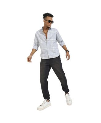 Men's Light Grey Contrast Tartan Plaid Shirt.