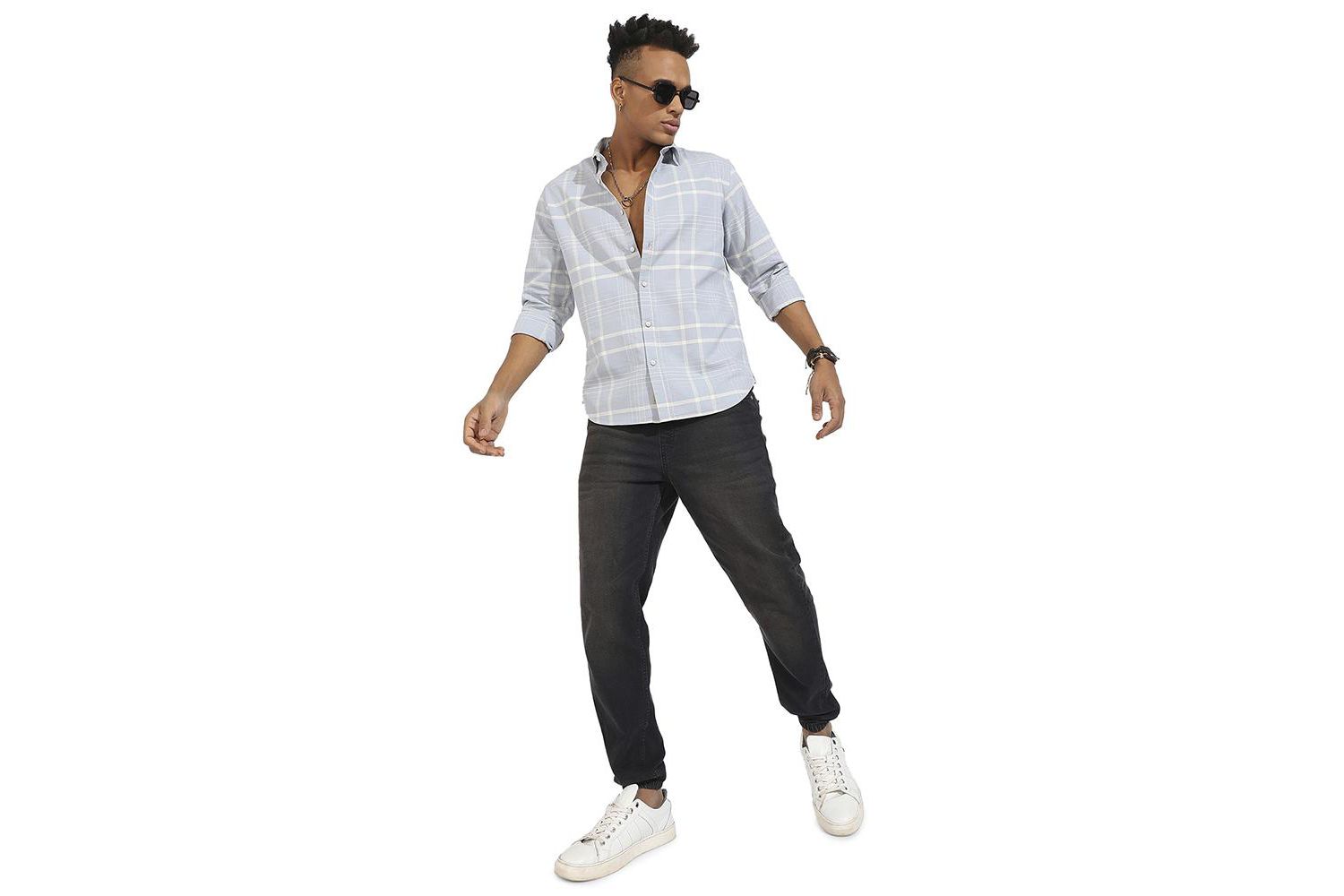 Men's Light Grey Contrast Tartan Plaid Shirt.