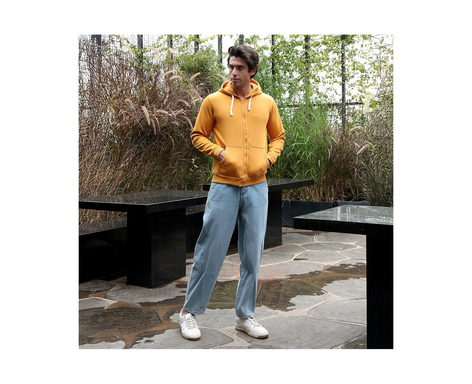 Men's Mustard Yellow Zip-Front Regular Hoodie
