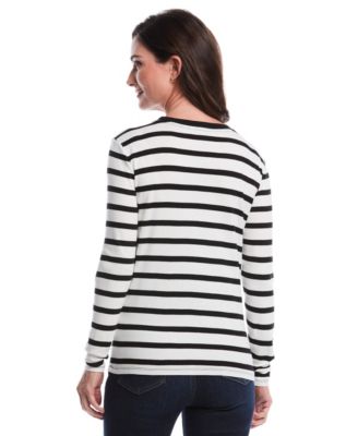 Petite Striped Print Embellished Neck Long Sleeve Top