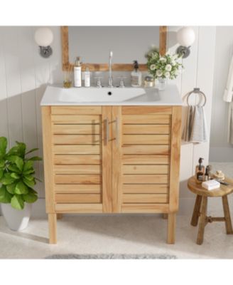 30inch Antique Bathroom Vanity with Ceramic Sink Mid Century Modern Bathroom Vanity Cabinet