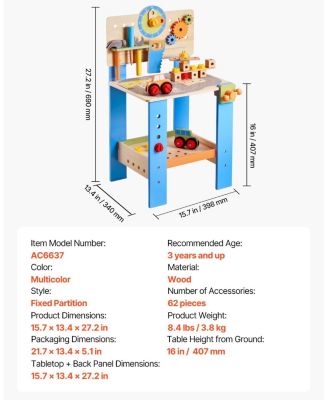 Kids Workbench, 62 PCS Wooden Tool Bench for Kids 3+, Educational Construction Toy with Realistic Tools, Creative Building Set