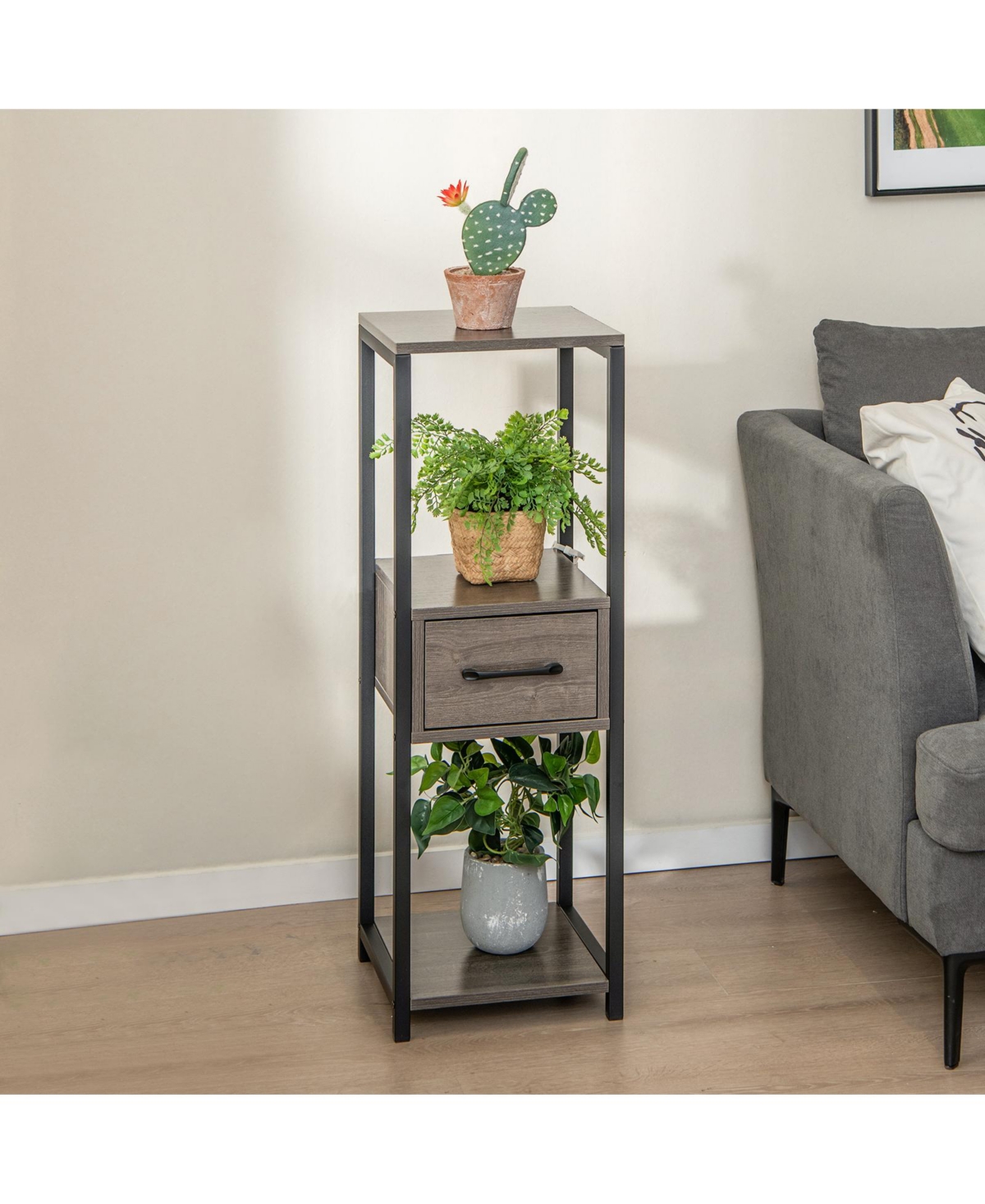 Sugift 3 Tier Tall Metal Plant Stand with Drawer for Balcony Office 12" x 12" x 36"