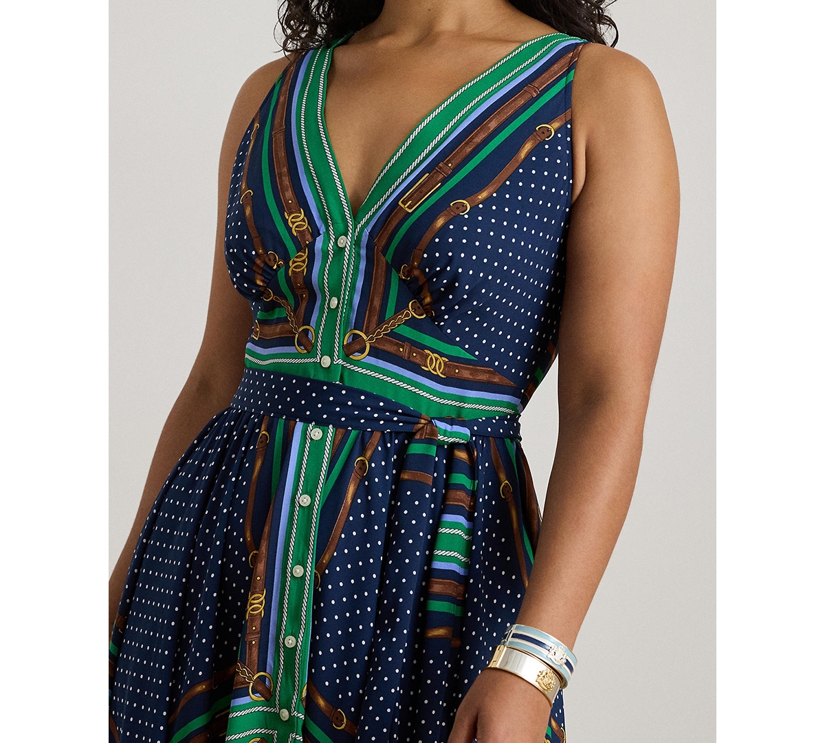 Lauren Ralph Plus Belted Polka-Dot V-Neck Dress