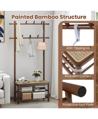 Bamboo Coat Rack with Bench Shoe Storage 2 Hanging Rods 11 Hanging Hooks Shelves
