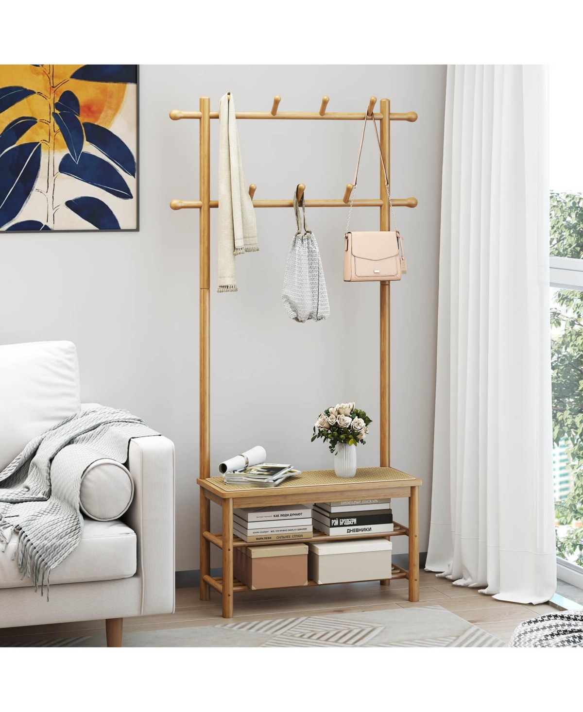 Costway Bamboo Coat Rack with Bench Shoe Storage 2 Hanging Rods 11 Hanging Hooks Shelves