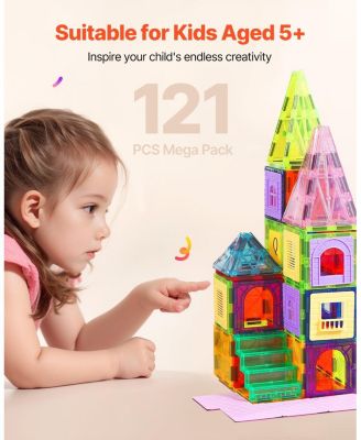 Magnetic Tiles, 121 PCS Building Blocks with 2 Car Bases & 26 Cards, STEM Educational Construction Toy for Kids Ages 5+