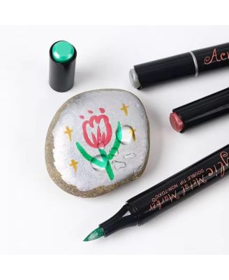 24 Colors Acrylic Metallic Paint Pens, Dual Tip Marker Set with Thick Head and Thin Head for Rocks, Wood, Canvas, Ceramic, Fabric