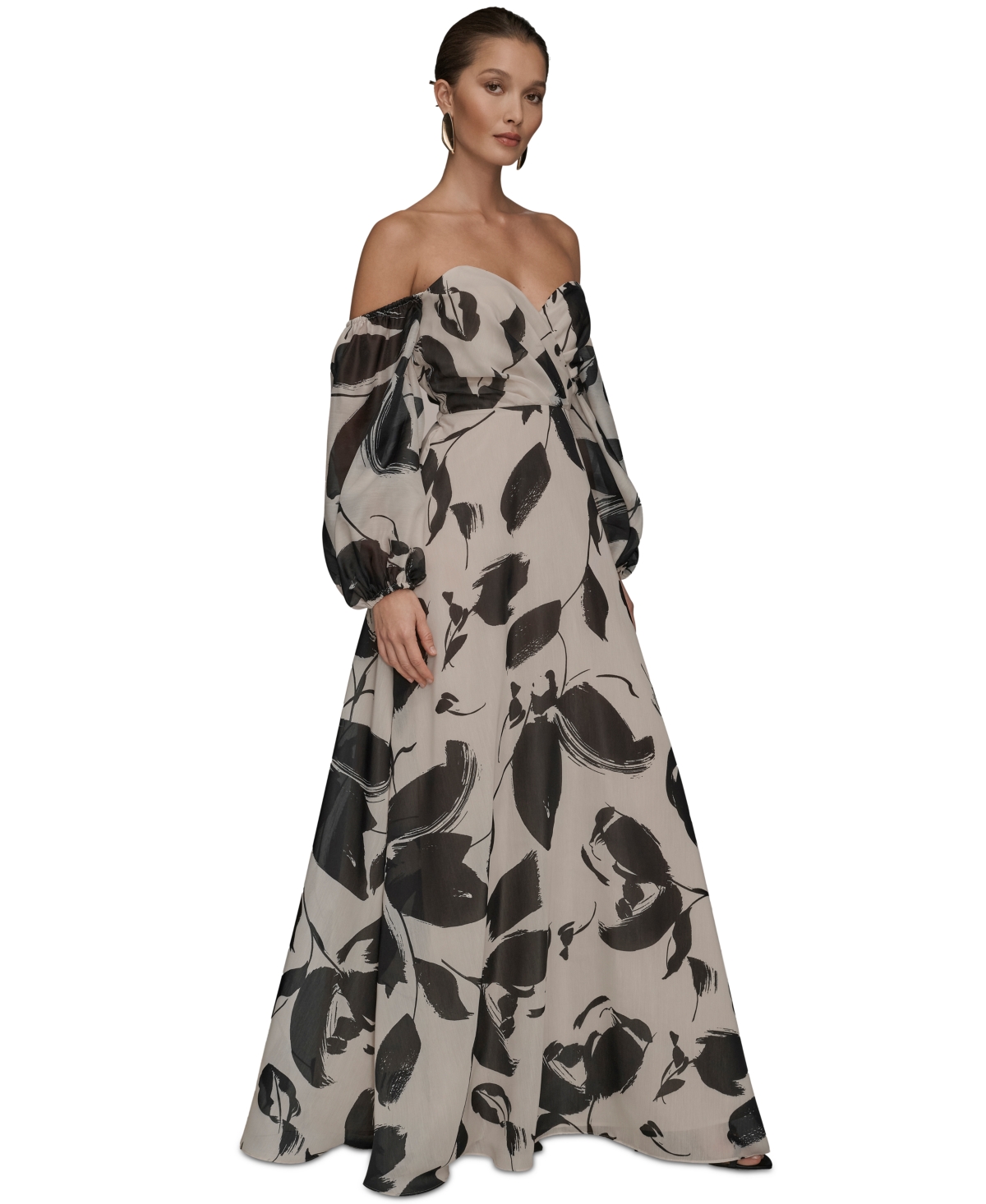 Donna Karan New York Women's Floral Print Sweetheart Neckline Puff Sleeve Gown