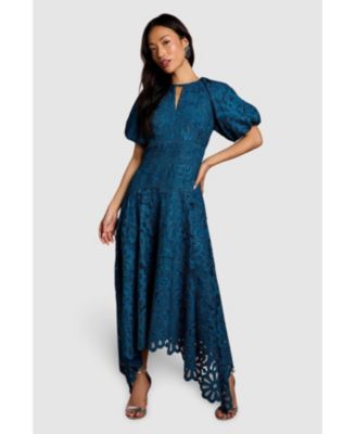 Women's Lace Hanky Hem Puff Sleeve Dress
