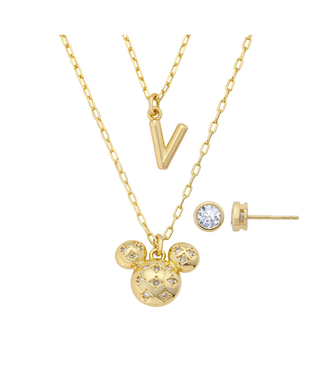 Disney Mickey Mouse Cubic Zirconia Initial Pendant Necklace And Earring Set In Gold