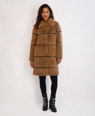 Women's Faux-Leather Trim Faux-Fur Coat