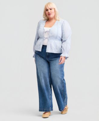 Trendy Plus Size Textured Tie-Front Cotton Top