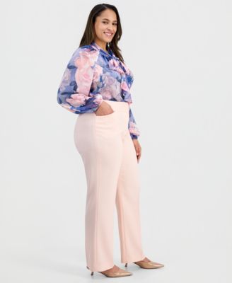 Plus Size Press-Pleat High-Rise Bell-Bottom Pants 