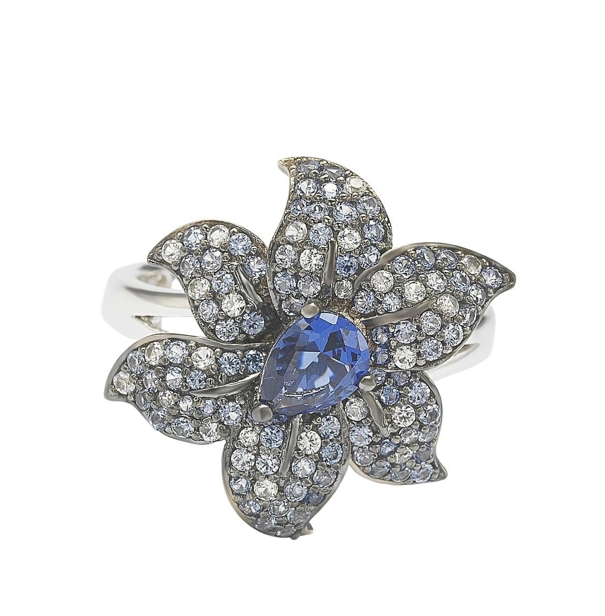 Suzy Levian Sterling Silver Sapphire & Created White Sapphire Exotic Flower Ring