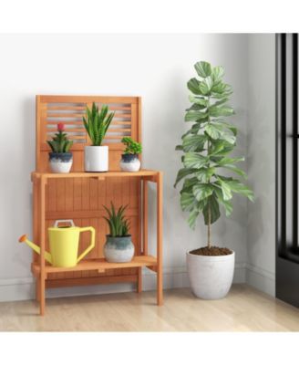 Folding Garden Potting Bench with 2-Tier Storage Shelves and Teak Oil Finish