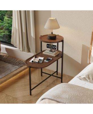 Modern 2-Tier Wood Side Table with Storage Shelf in Walnut Brown