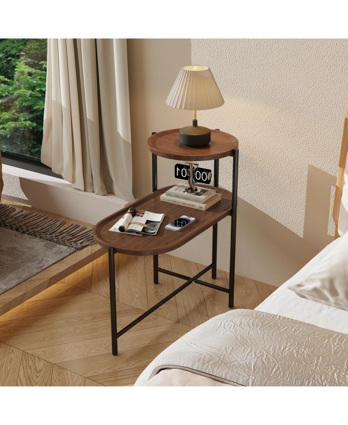 sumyeg Modern 2-Tier Wood Side Table with Storage Shelf in Walnut Brown