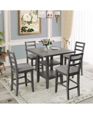 TREXM 5-Piece Counter Height Dining Set with Espresso Wood Table Padded Chairs and Storage Shelving