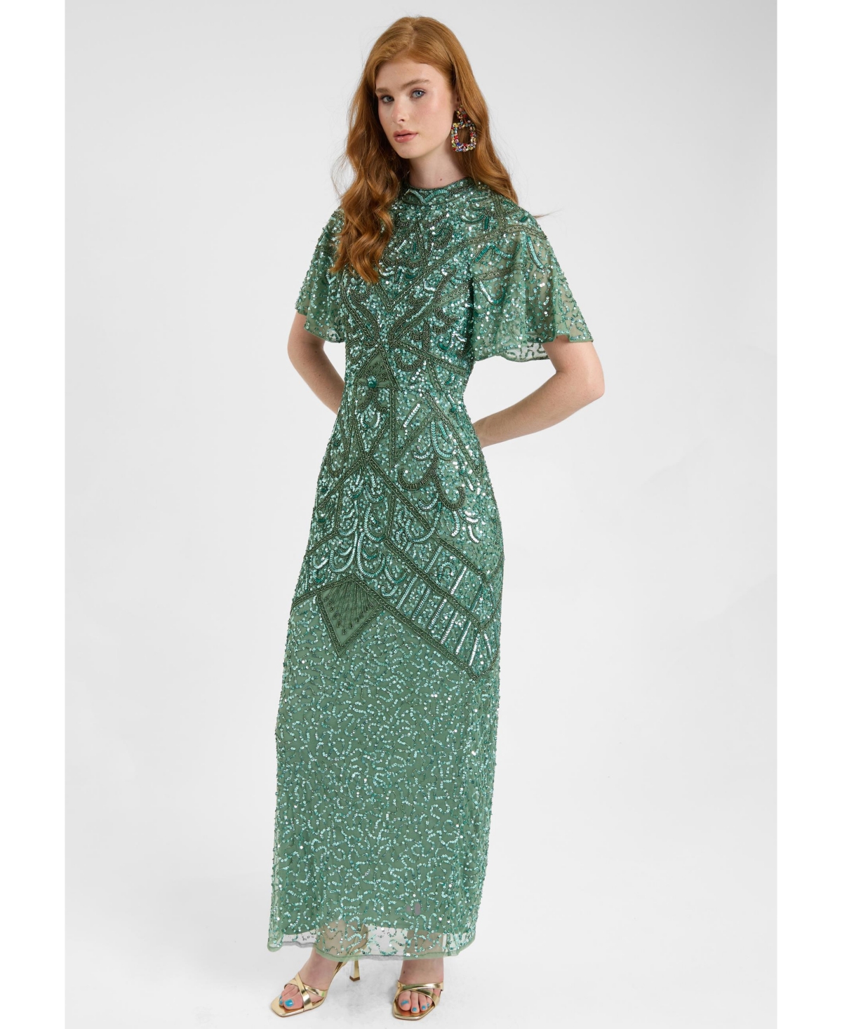 Beauut Women's Embellished Sequin Beaded With Short Flutter Sleeves Maxi Dress