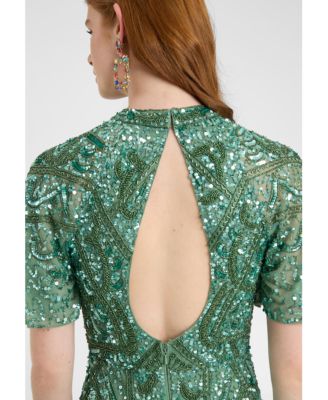 Women's Embellished Sequin Beaded With Short Flutter Sleeves Maxi Dress