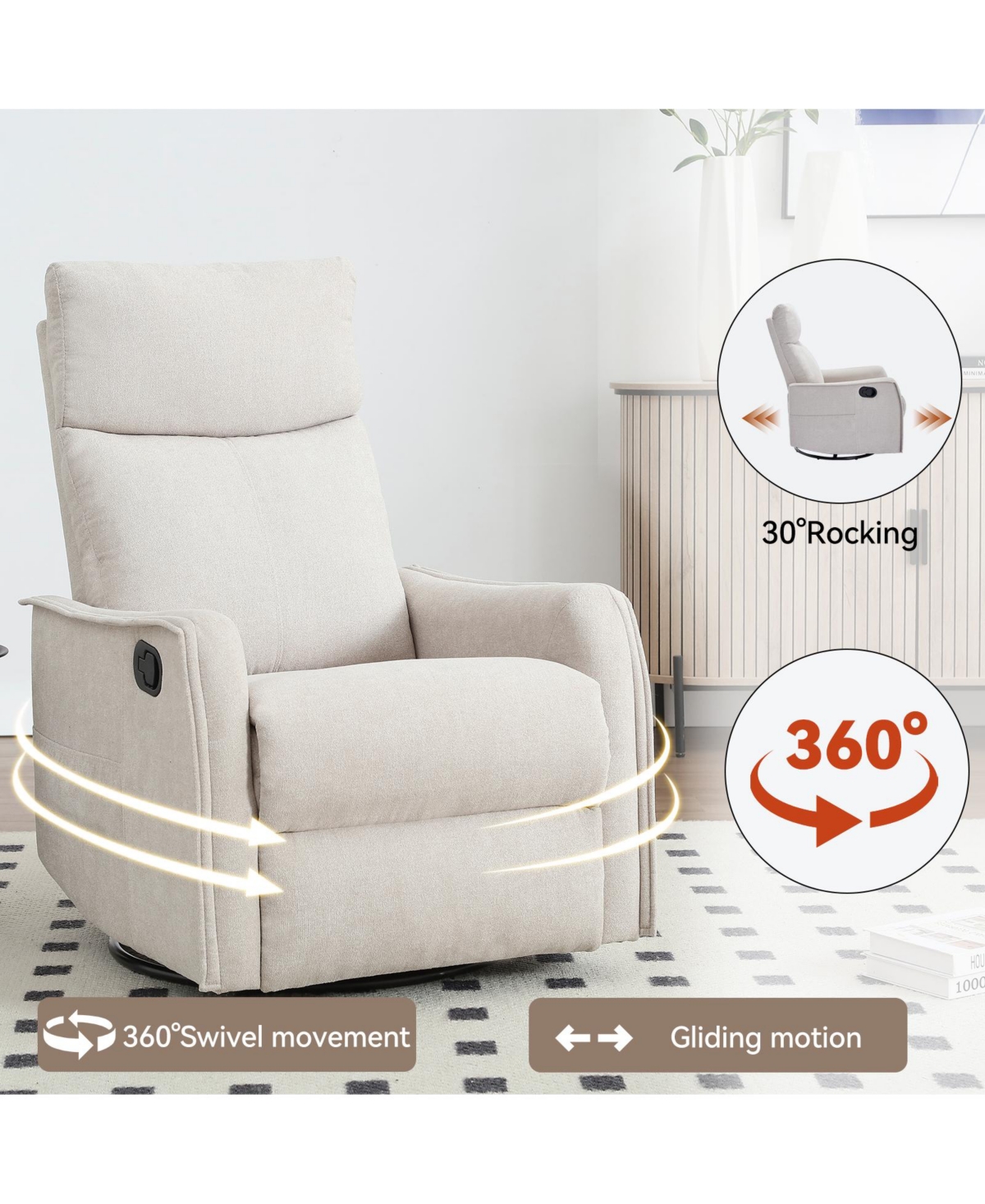 Casainc Heat Massage Manual Recliner Chair with Rocker and Swivel Fabric for Living Room