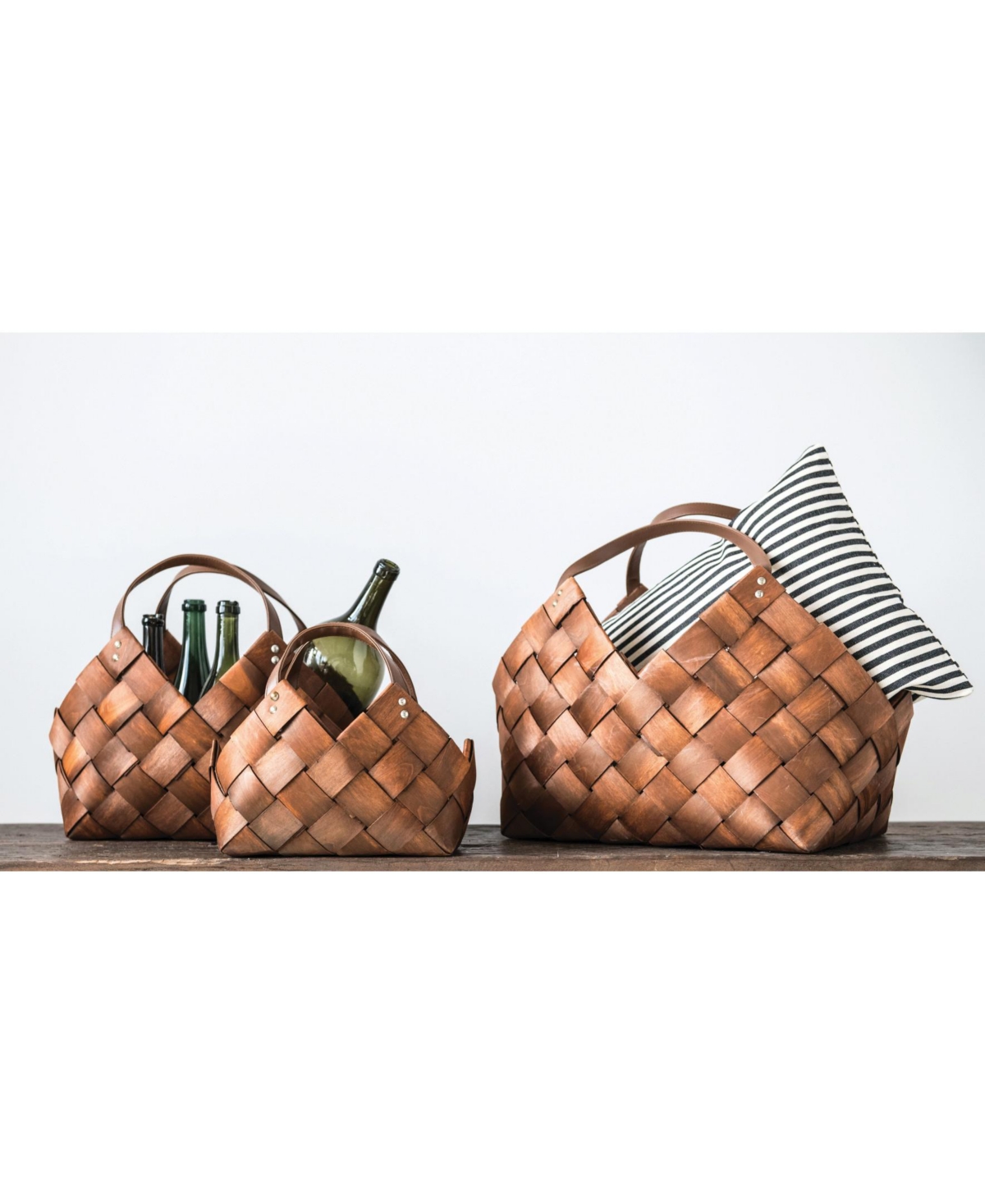Storied Home Woven Storage Basket with Leather Handles, Set of 3