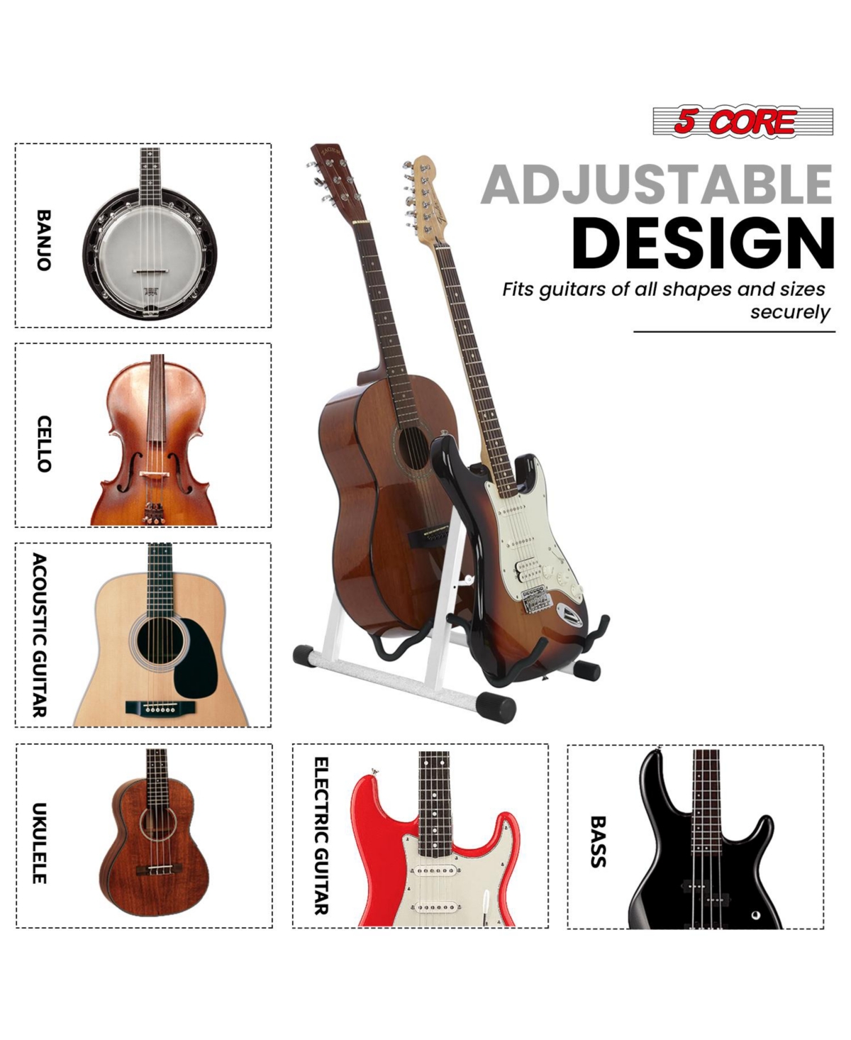 5 Core Double Guitar Stand Floor Adjustable A Frame Folding Acoustic Electric Guitars Holder Stands Gss 2N1 Wh