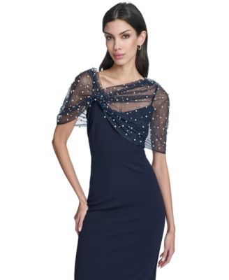 Women's Spaghetti Strap Beaded Twist Overlay Gown