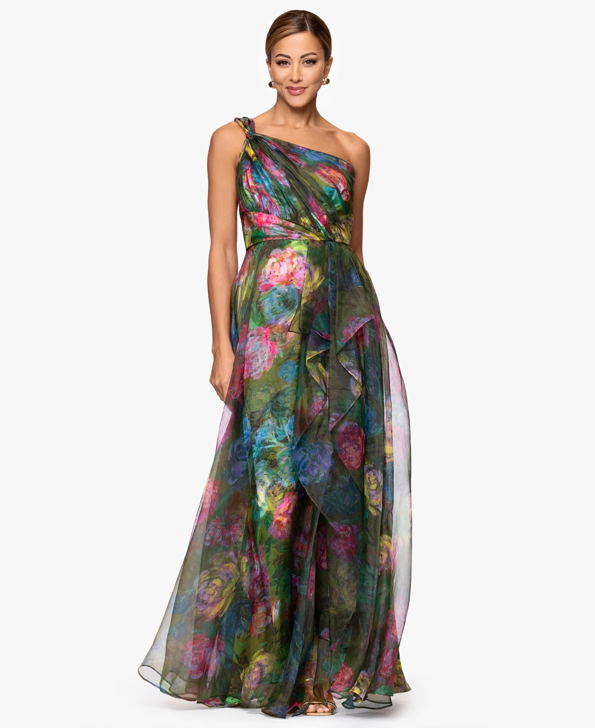 Xscape Women's Printed One-Shoulder Long Dress