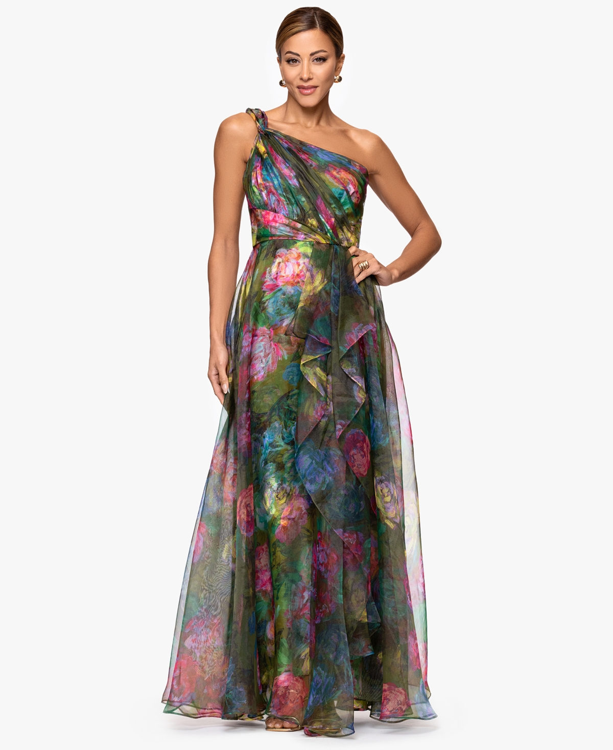 Xscape Women's Printed One-Shoulder Long Dress