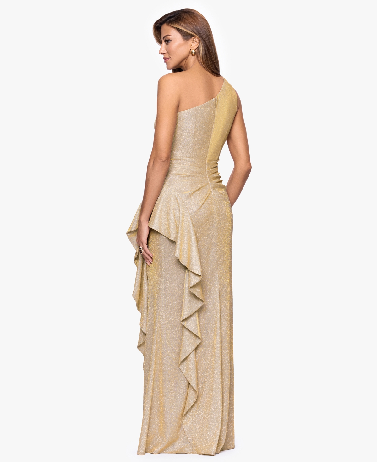 Xscape Women's One-shoulder Glitter Long Dress In Gold