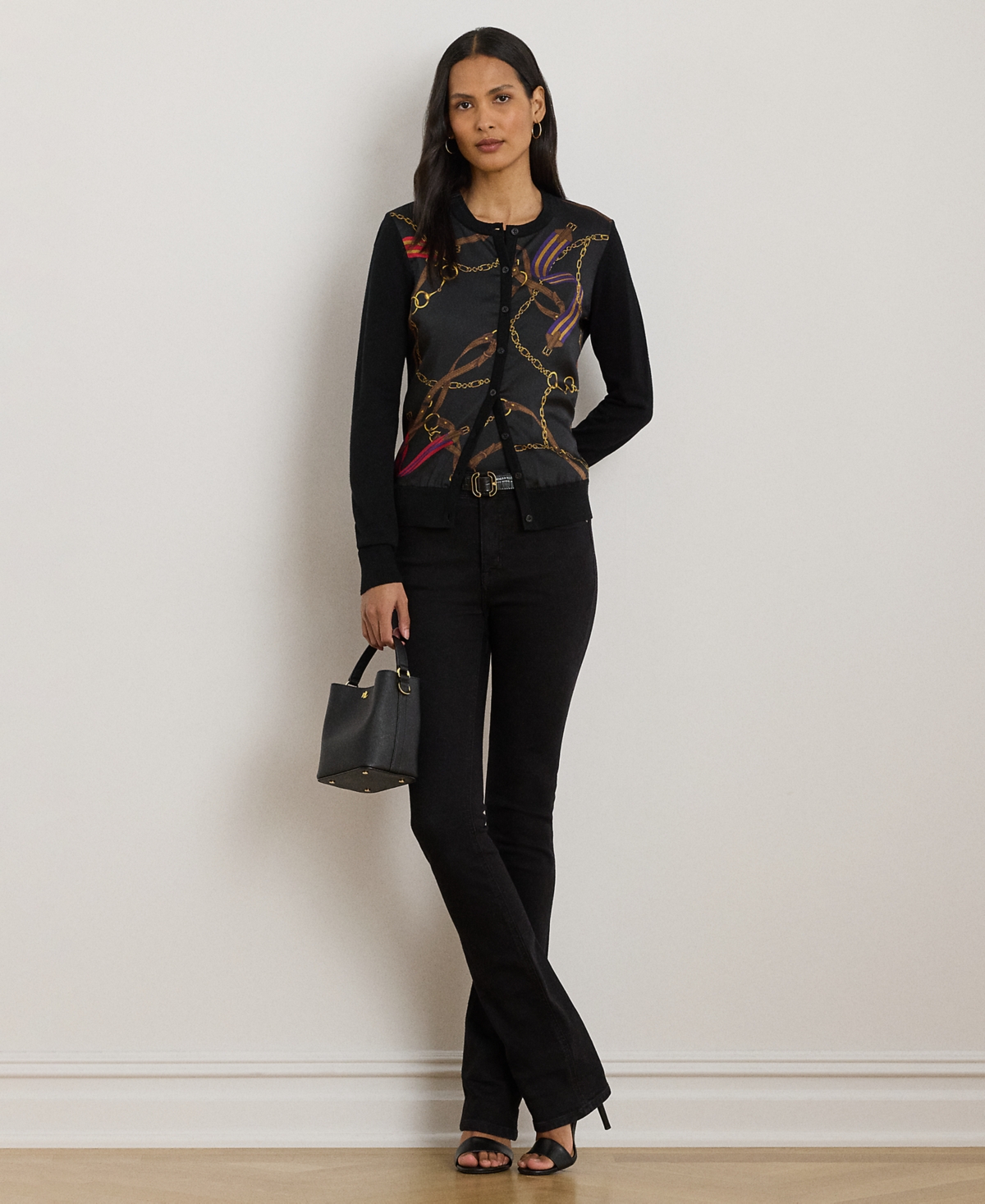Ralph Lauren Petite Belting-print Long-sleeve Cardigan Sweater In Multi
