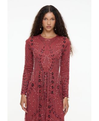 Women's Modest Embellished Sequin Beaded Dress Maxi With Designer Bottom