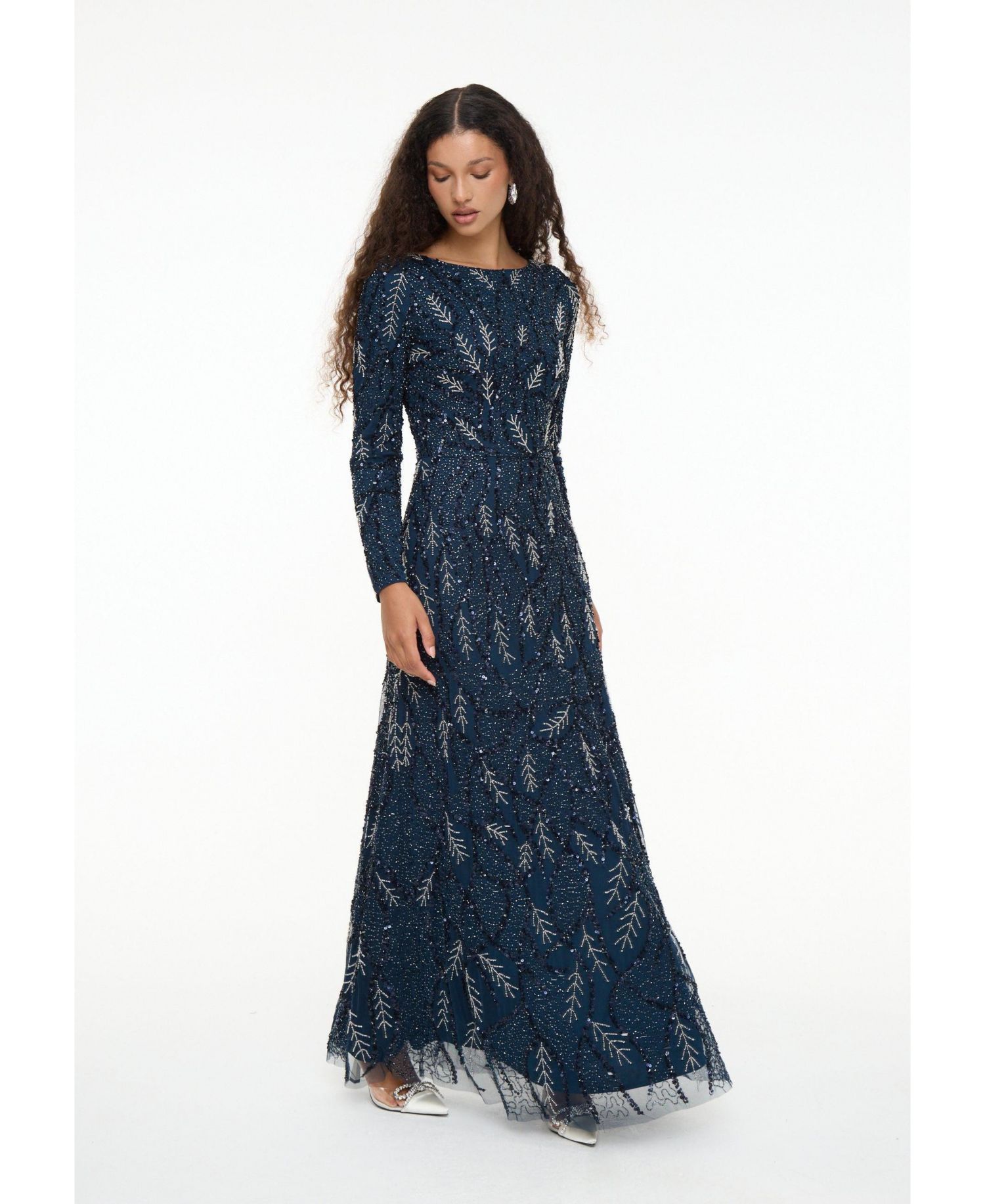 Women's Modest Embellished Sequin Beaded Dress Maxi With Detailed Work