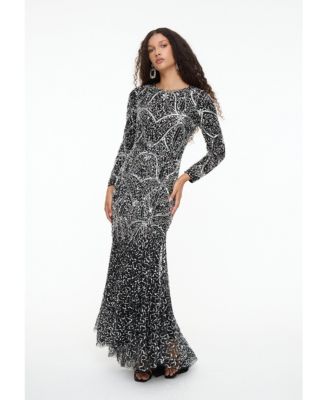 Women's Modest Embellished Sequin Beaded Dress Maxi With Fit Bodice and Trail