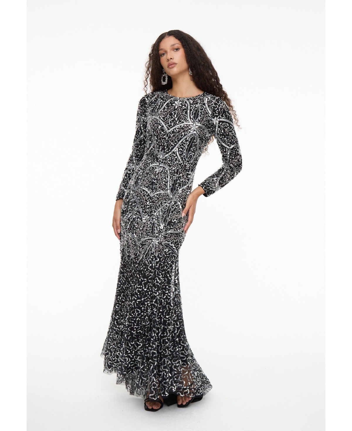 Maryisa Women's Modest Embellished Sequin Beaded Dress Maxi With Fit Bodice and Trail