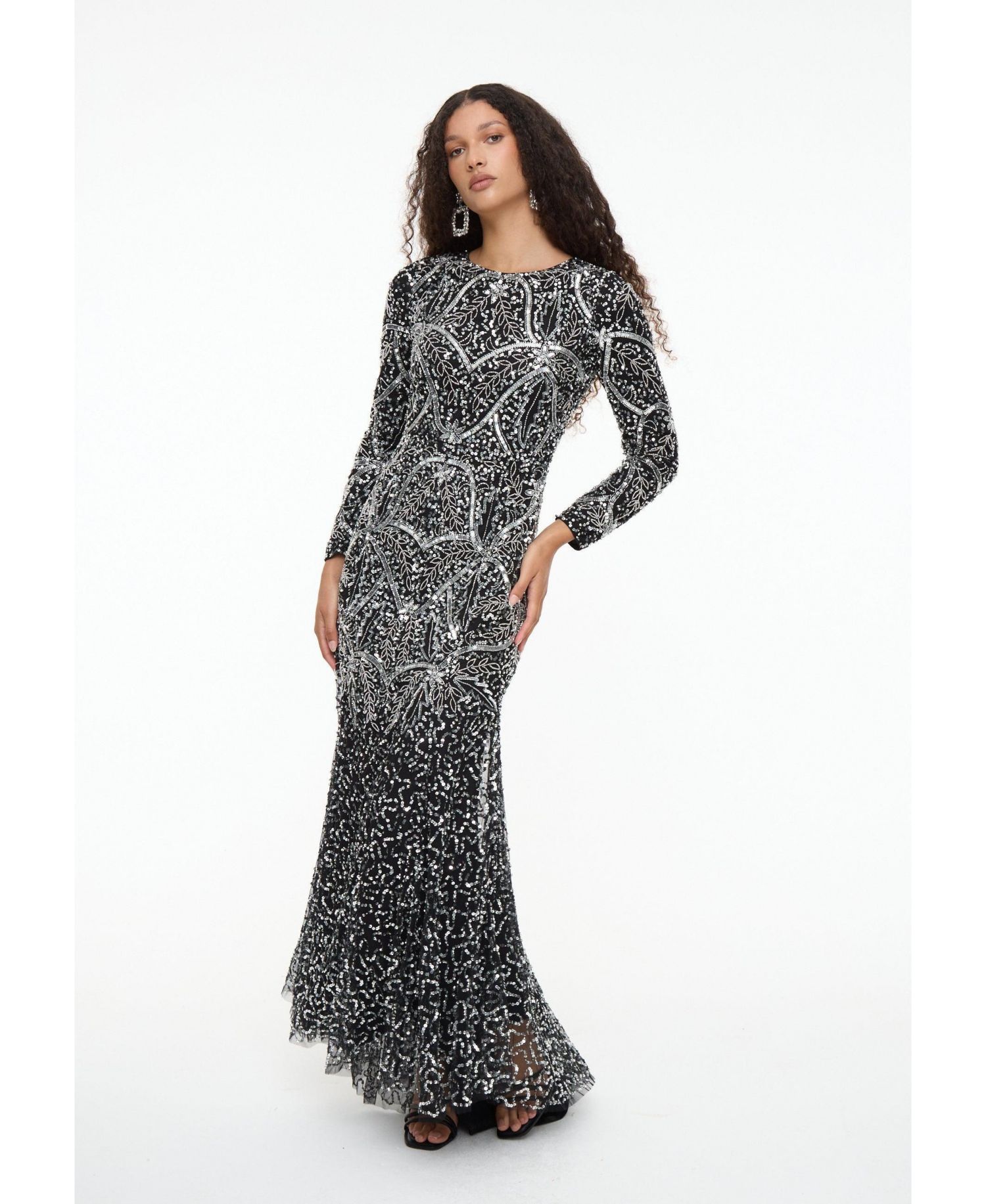 Women's Modest Embellished Sequin Beaded Dress Maxi With Fit Bodice and Trail
