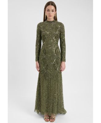 Women's Modest Embellished Sequin Beaded Dress Maxi With Trail