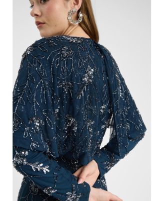 Women's Modest Embellished Sequin Beaded Dress Maxi With Attached Cape