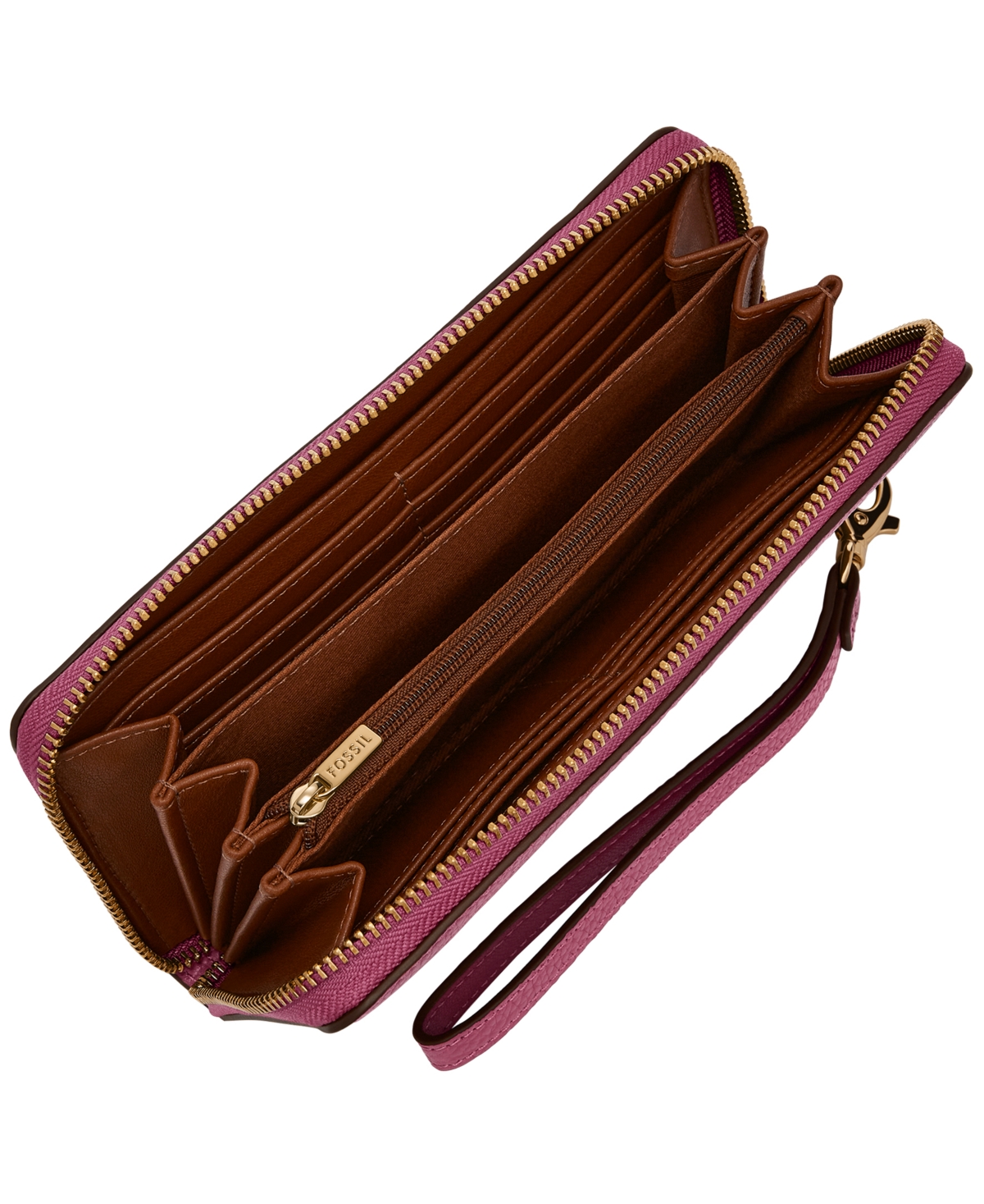 Fossil Logan Leather Zip Around Clutch Wallet In Pink