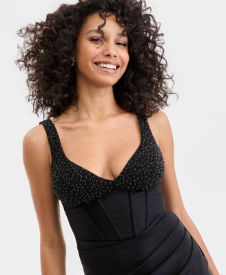 Juniors' Beaded-Bodice High-Slit Gown