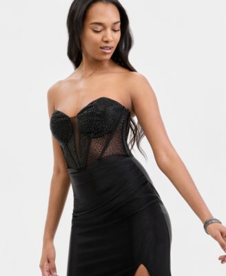 Juniors' Studded Mesh-Bodice Gown 