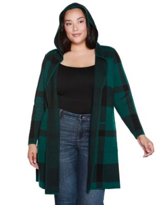 Plus Size Hooded Plaid Coatigan Sweater