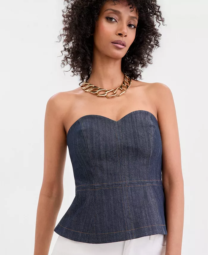 Women's Strapless Denim Peplum Top - thumbnail 3